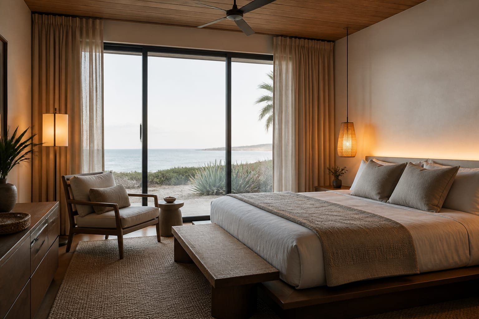 Editorial interior photograph showing modern coastal bedroom how to sleep like you're at a resort.