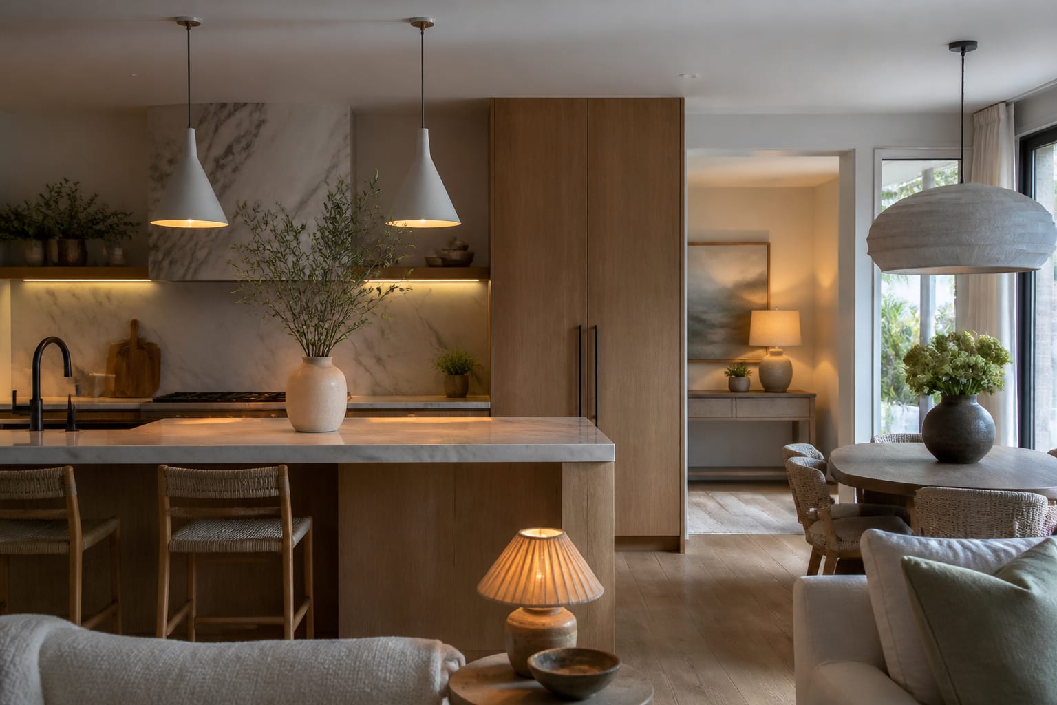 Editorial interior photograph showing modern coastal kitchen ideas that skip the kitsch in a real kitchen, with modern coastal materials, layered warm lighting, styled furniture, and a magazine-quality residential composition.