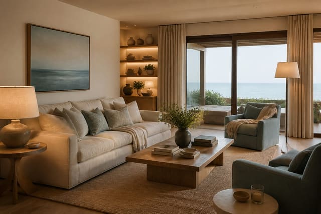 Editorial interior photograph showing modern coastal living room linen, bleached wood, and blue-green accents.