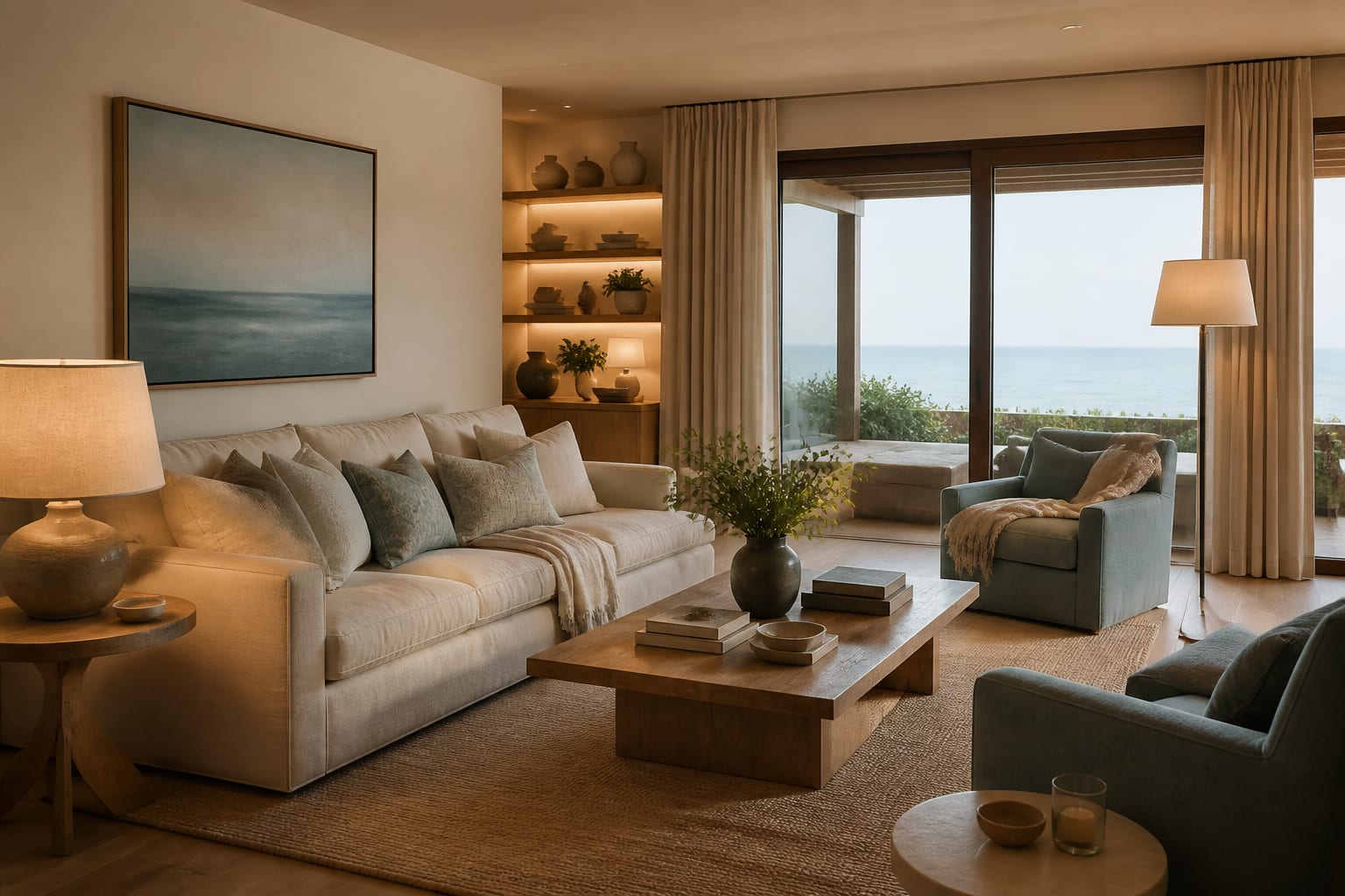 Editorial interior photograph showing modern coastal living room linen, bleached wood, and blue-green accents.