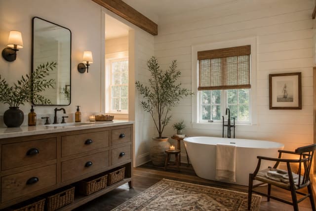 Editorial interior photograph showing modern farmhouse bathroom ideas done right in a real bathroom, with modern farmhouse materials, layered warm lighting, styled furniture, and a magazine-quality residential composition.