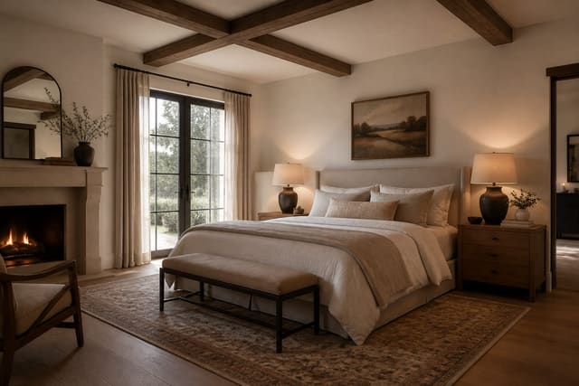Editorial interior photograph showing modern farmhouse bedroom ideas that feel calm in a real bedroom, with modern farmhouse materials, layered warm lighting, styled furniture, and a magazine-quality residential composition.