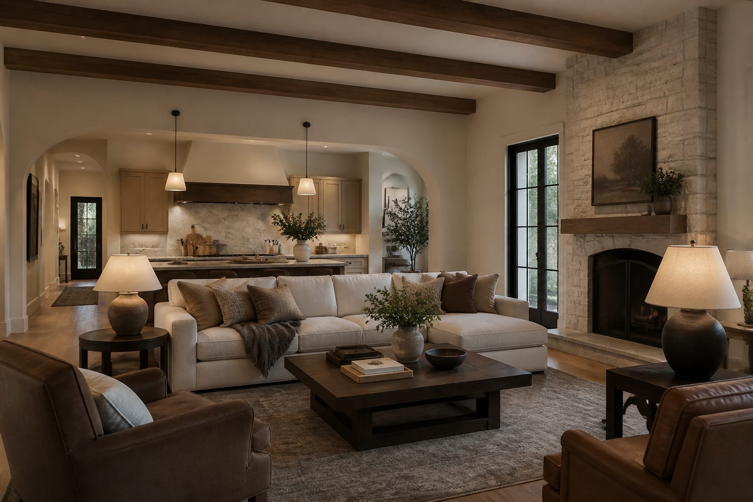 Editorial interior photograph showing building a modern farmhouse color palette in a real whole home, with modern farmhouse materials, layered warm lighting, styled furniture, and a magazine-quality residential composition.