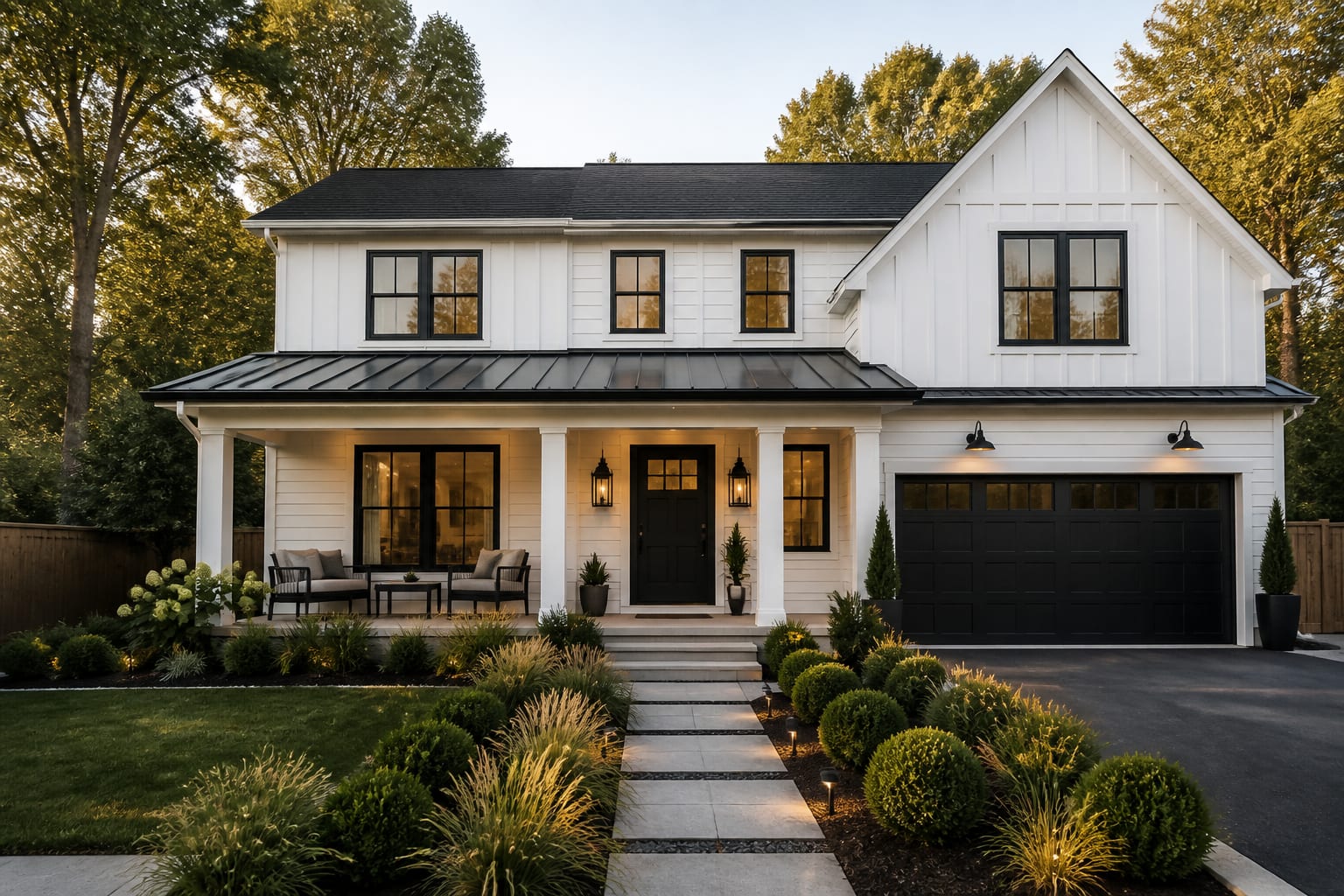 The same house redesigned as a modern farmhouse with white board-and-batten siding, black-framed windows, a metal porch roof, and a dark front door.