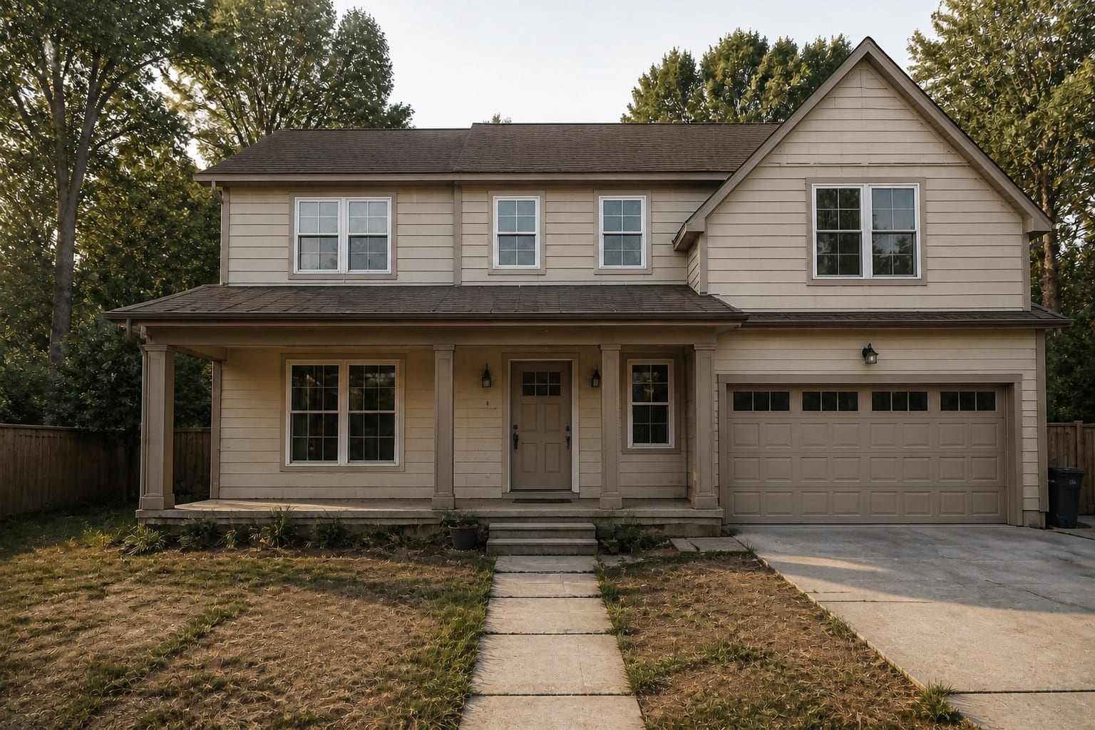A plain suburban two-story house with faded beige siding, dated brown trim, white aluminum windows, and a bare entry before any redesign.