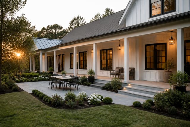 Editorial outdoor exterior photograph showing modern farmhouse exterior black windows, board and batten, and covered porches.