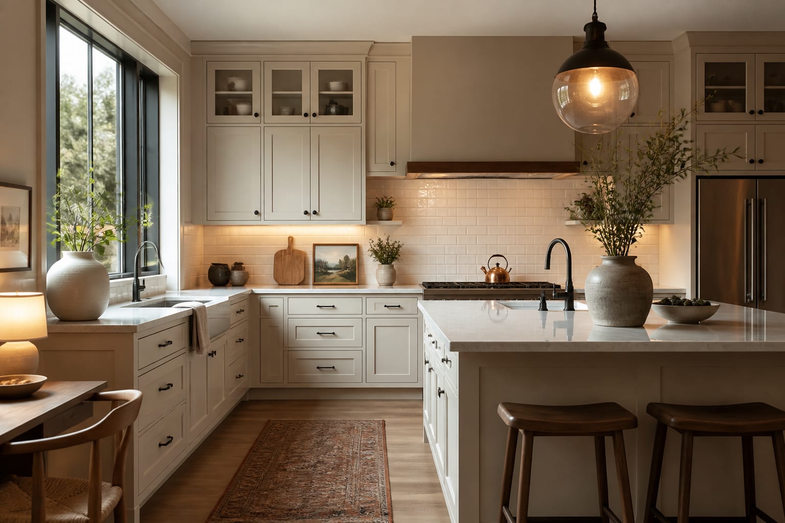 Editorial interior photograph showing modern farmhouse kitchen shaker cabinets, subway tile, and black hardware.