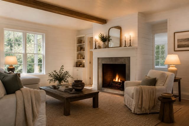 Editorial interior photograph showing modern farmhouse living room shiplap, neutral textures, and clean lines.