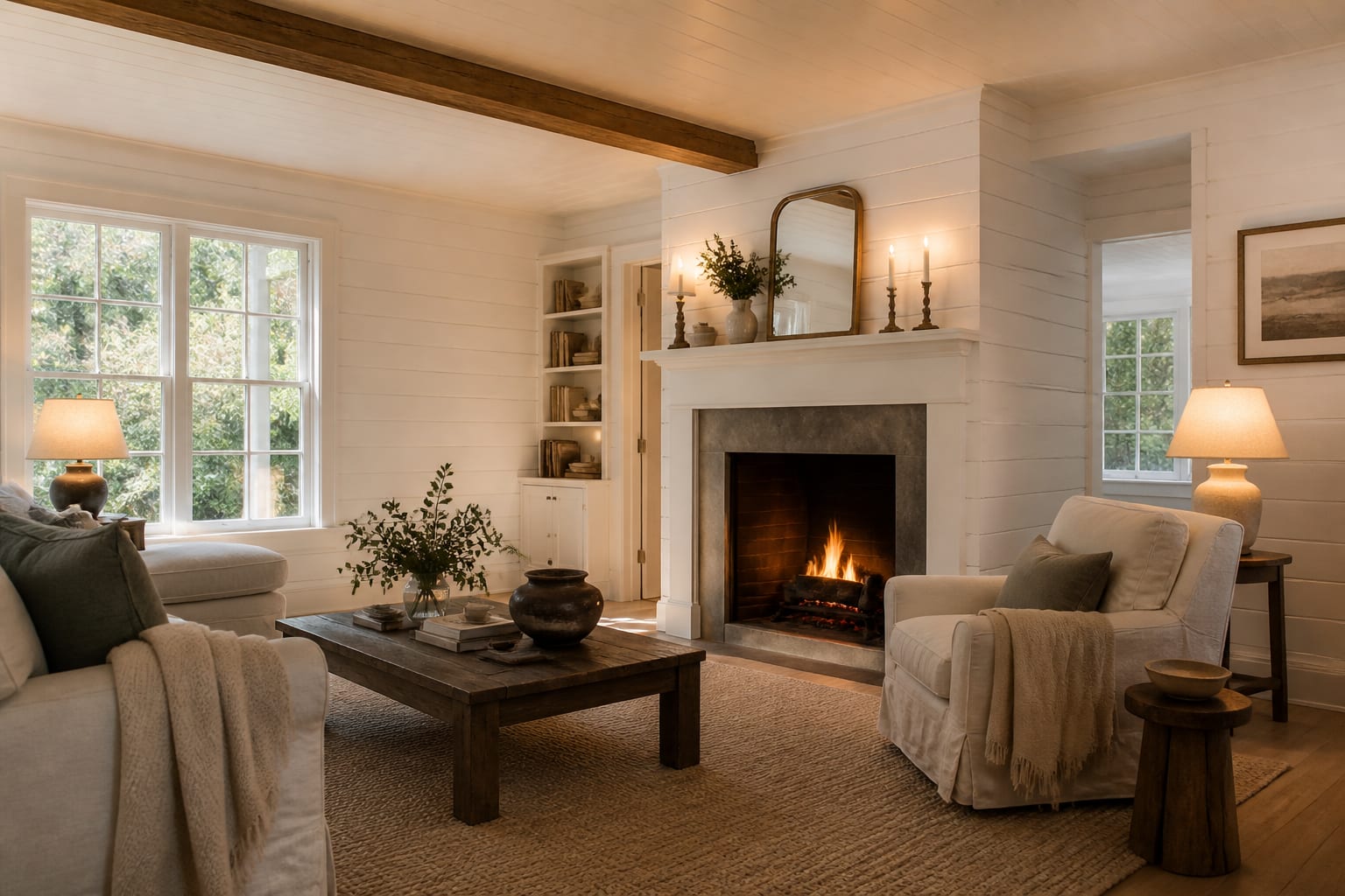 Editorial interior photograph showing modern farmhouse living room shiplap, neutral textures, and clean lines.
