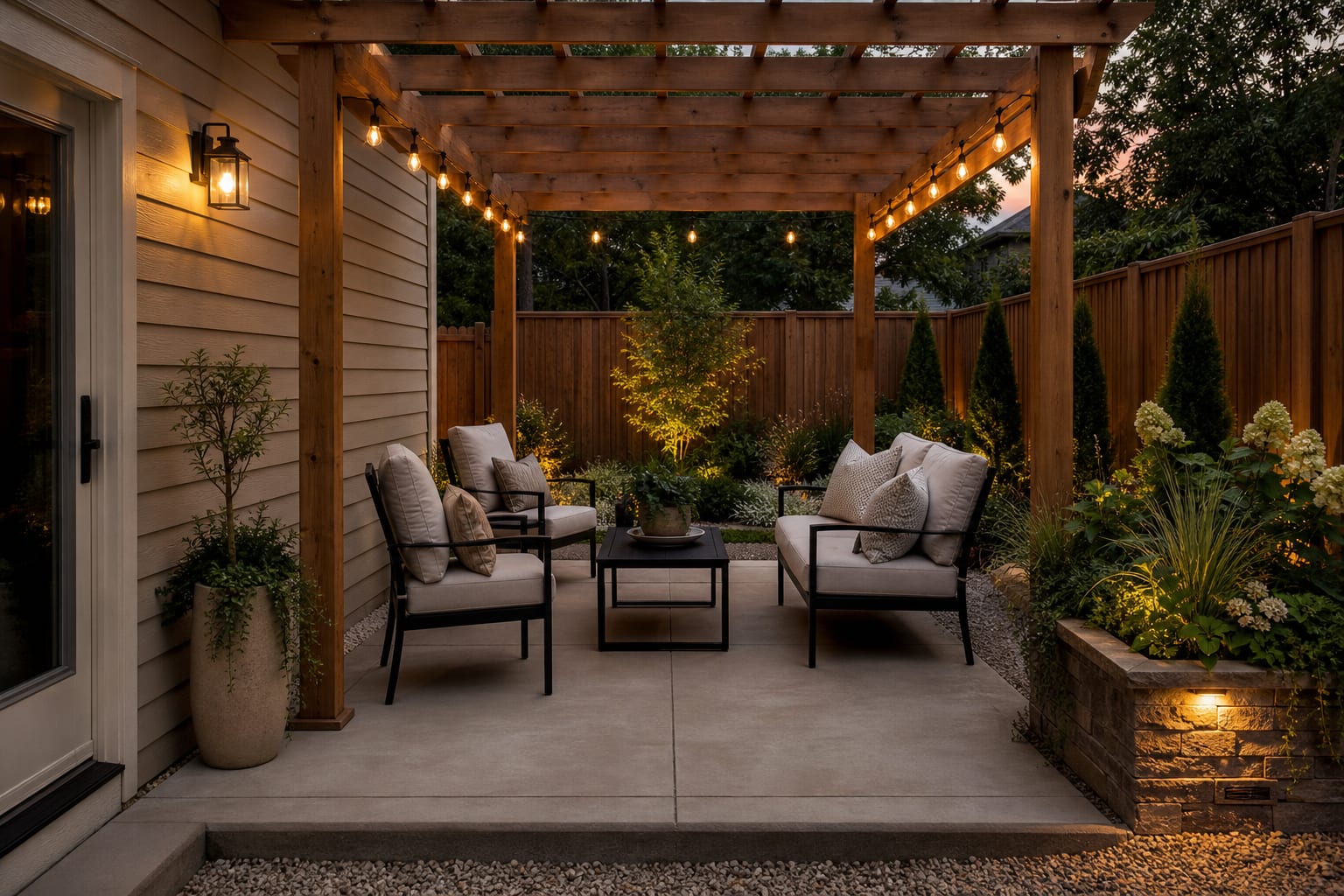 same patio angle redesigned with black metal seating, cedar pergola beams, pale cushions, large stone planters, and warm farmhouse lighting.