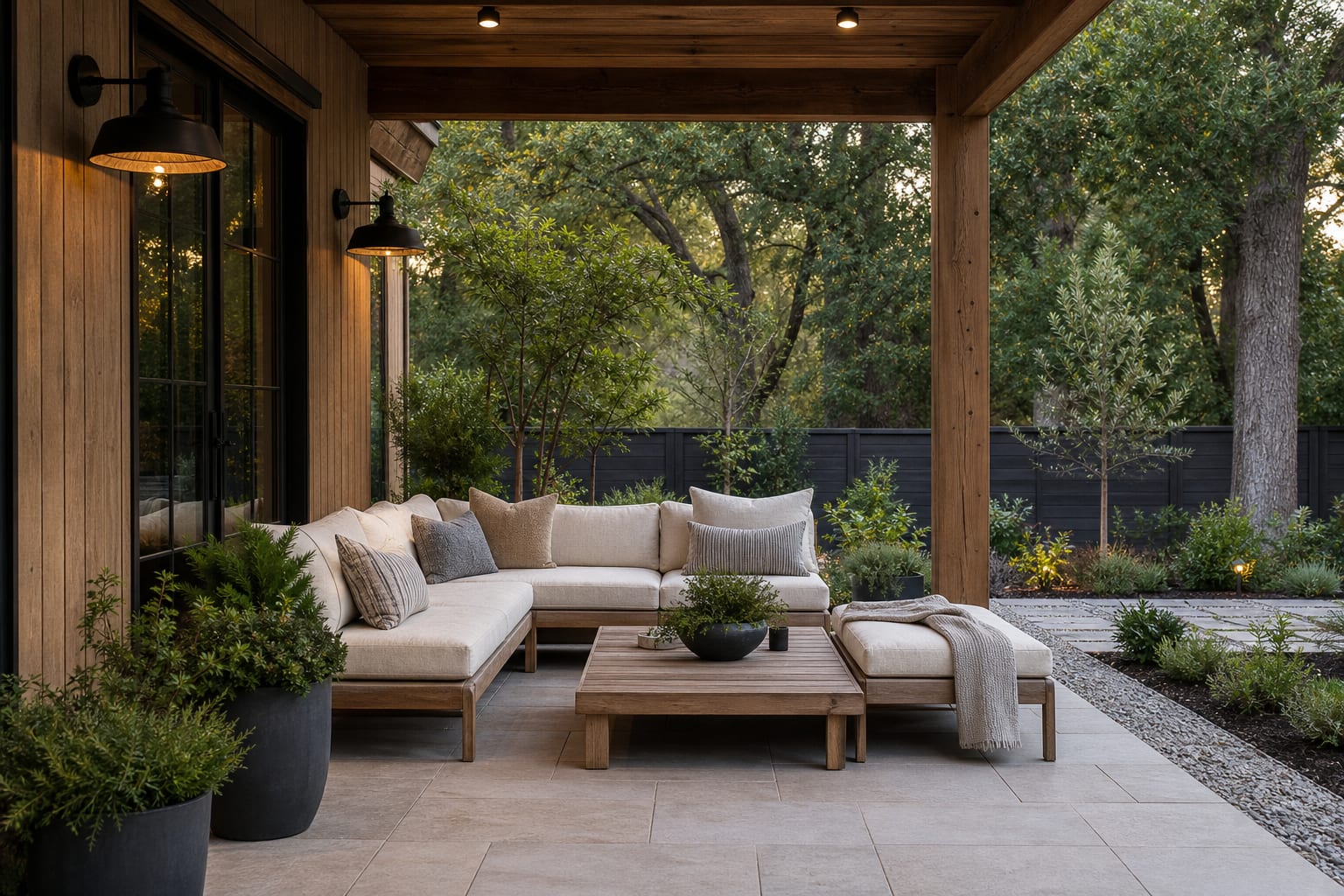 modern farmhouse patio material palette with cedar, black metal, pale stone pavers, gravel border, and linen cushions