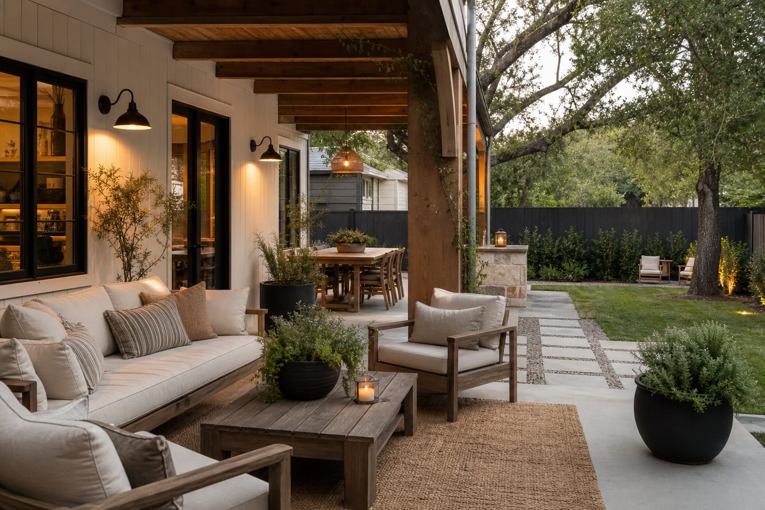 AI patio preview showing the same backyard with modern farmhouse furniture, cedar shade, black sconces, and larger planters