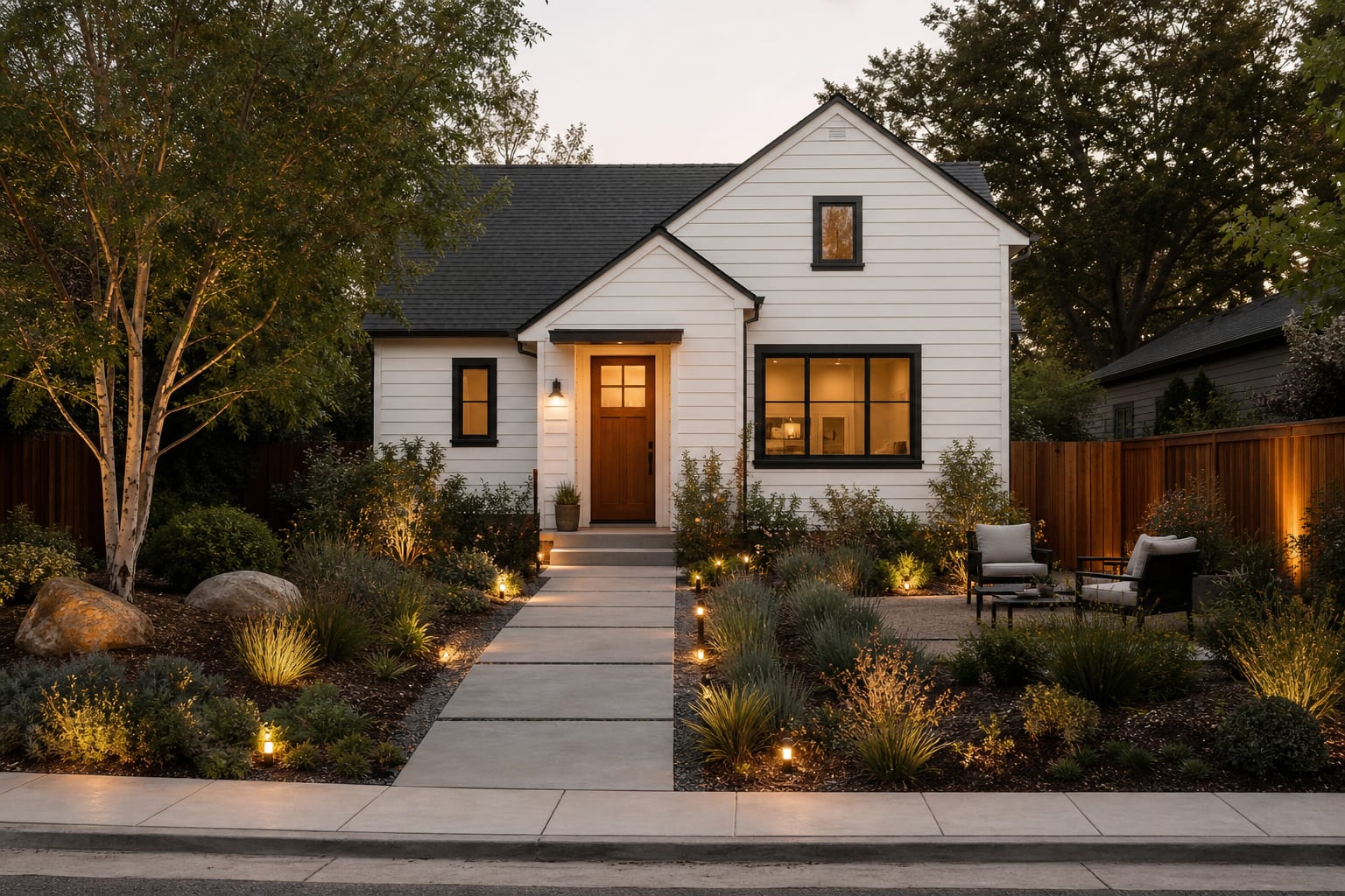 Modernized house exterior from the same angle with warm white siding, black trim, wood front door, wide concrete path, and structured grasses.