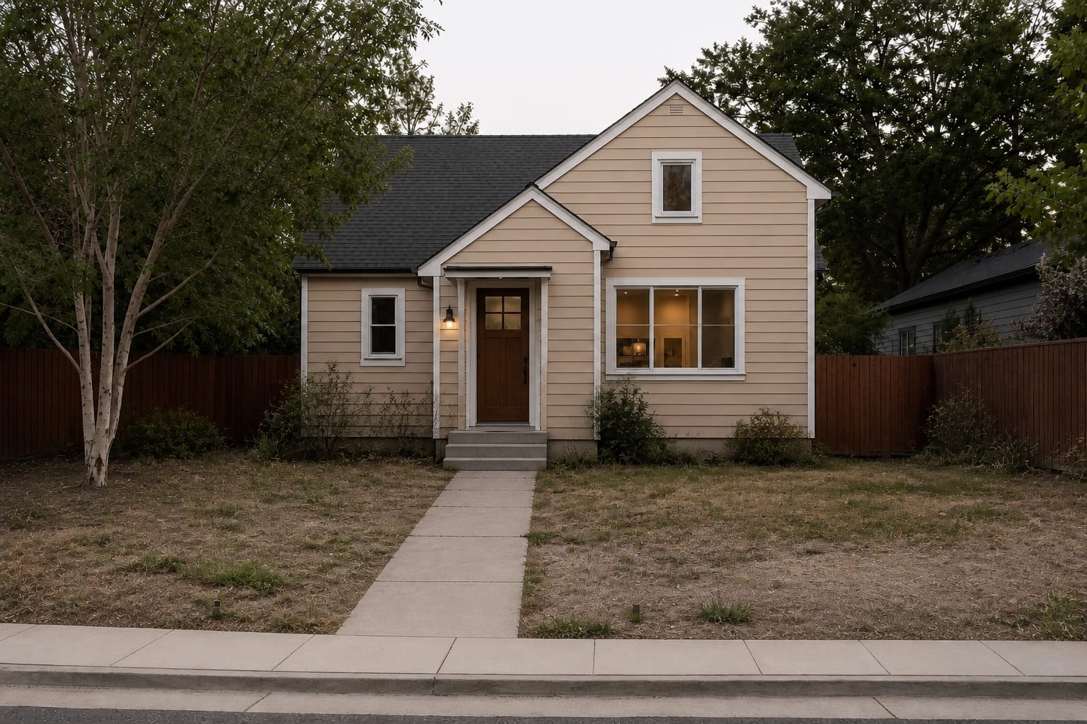 Beige traditional house exterior with narrow walkway, small porch light, overgrown foundation shrubs, and high-contrast white trim.