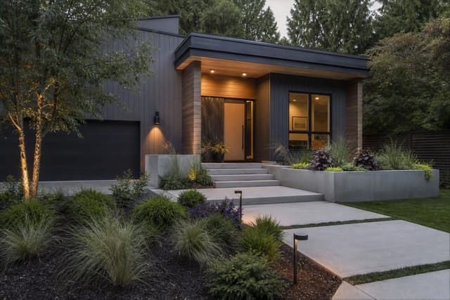 Modern House Exterior Ideas: Clean Lines and Contemporary Curb Appeal shown as a photorealistic outdoor redesign with layered materials, planting, lighting, and clear circulation