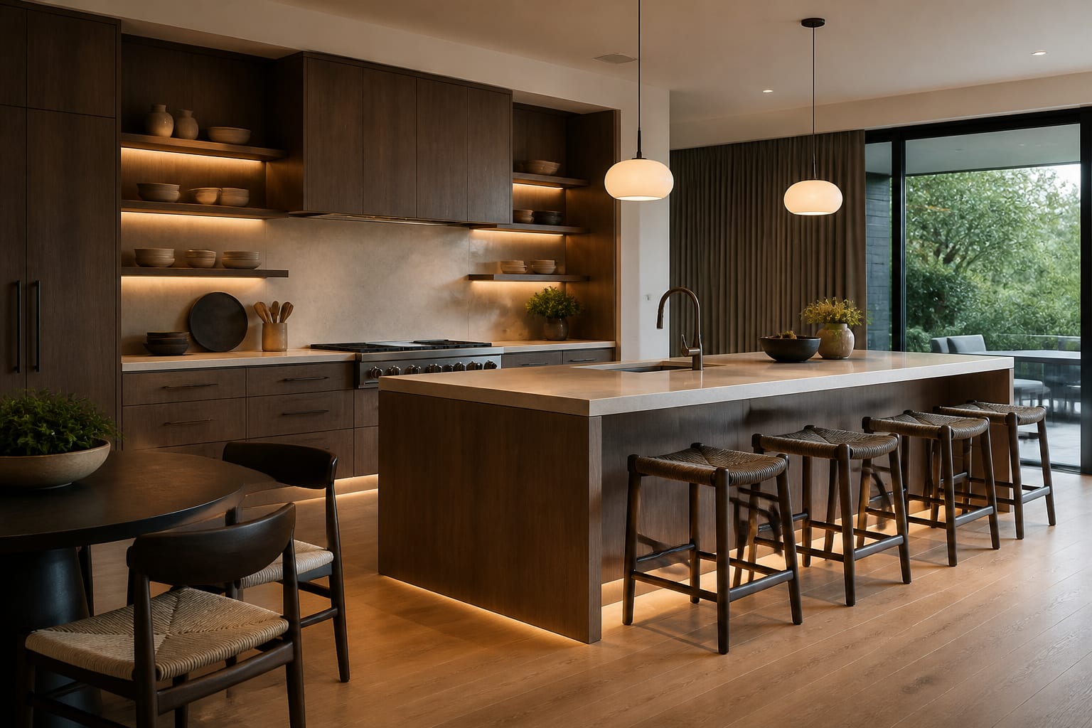 Editorial interior photograph showing modern kitchen ideas in a real modern kitchen, with clean modern kitchen materials, layered warm lighting, functional furniture placement, and a magazine-quality residential composition.