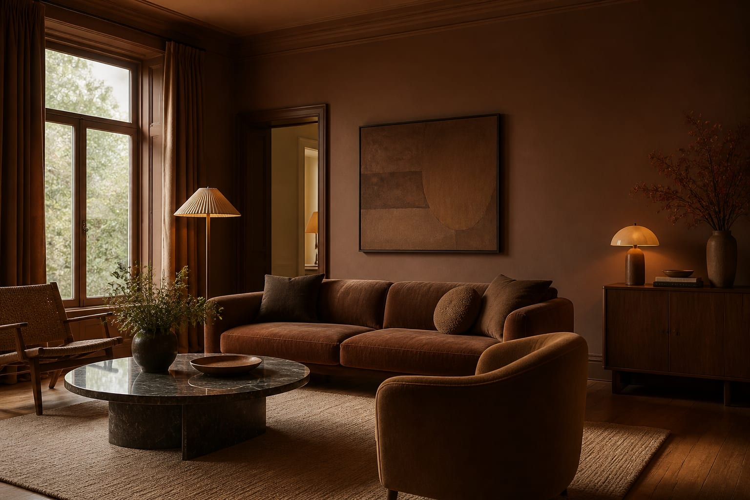 Editorial interior photograph showing monochromatic room ideas: a complete guide to single-color spaces in a real whole home, with color theory materials, layered warm lighting, styled furniture, and a magazine-quality residential composition.