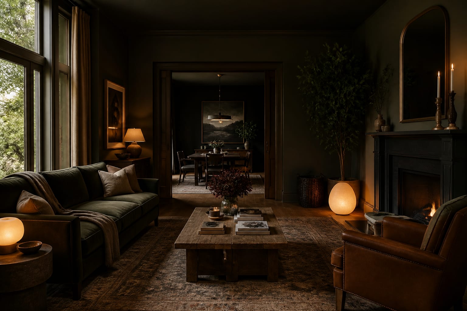 Editorial interior photograph showing moody interior design ideas that make dark rooms feel intentional and rich in a real whole home, with color theory materials, layered warm lighting, styled furniture, and a magazine-quality residential composition.