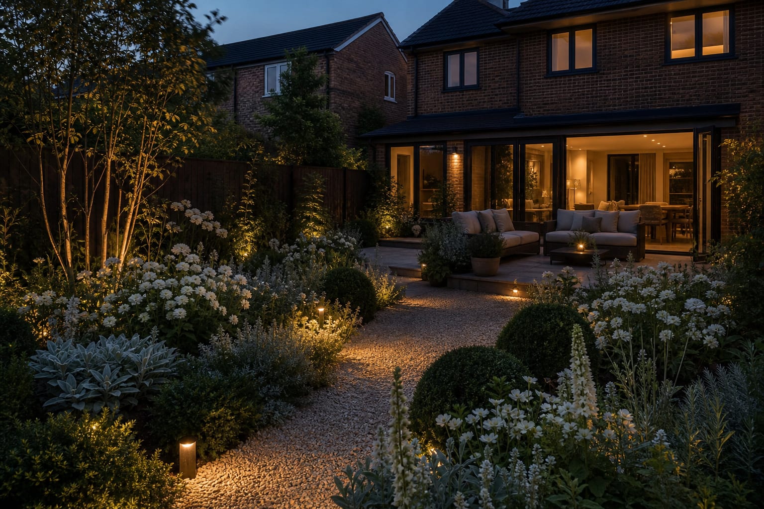 Moon garden from the same angle with white blooms, silver foliage, pale gravel, dark evergreen structure, and discreet warm lights.