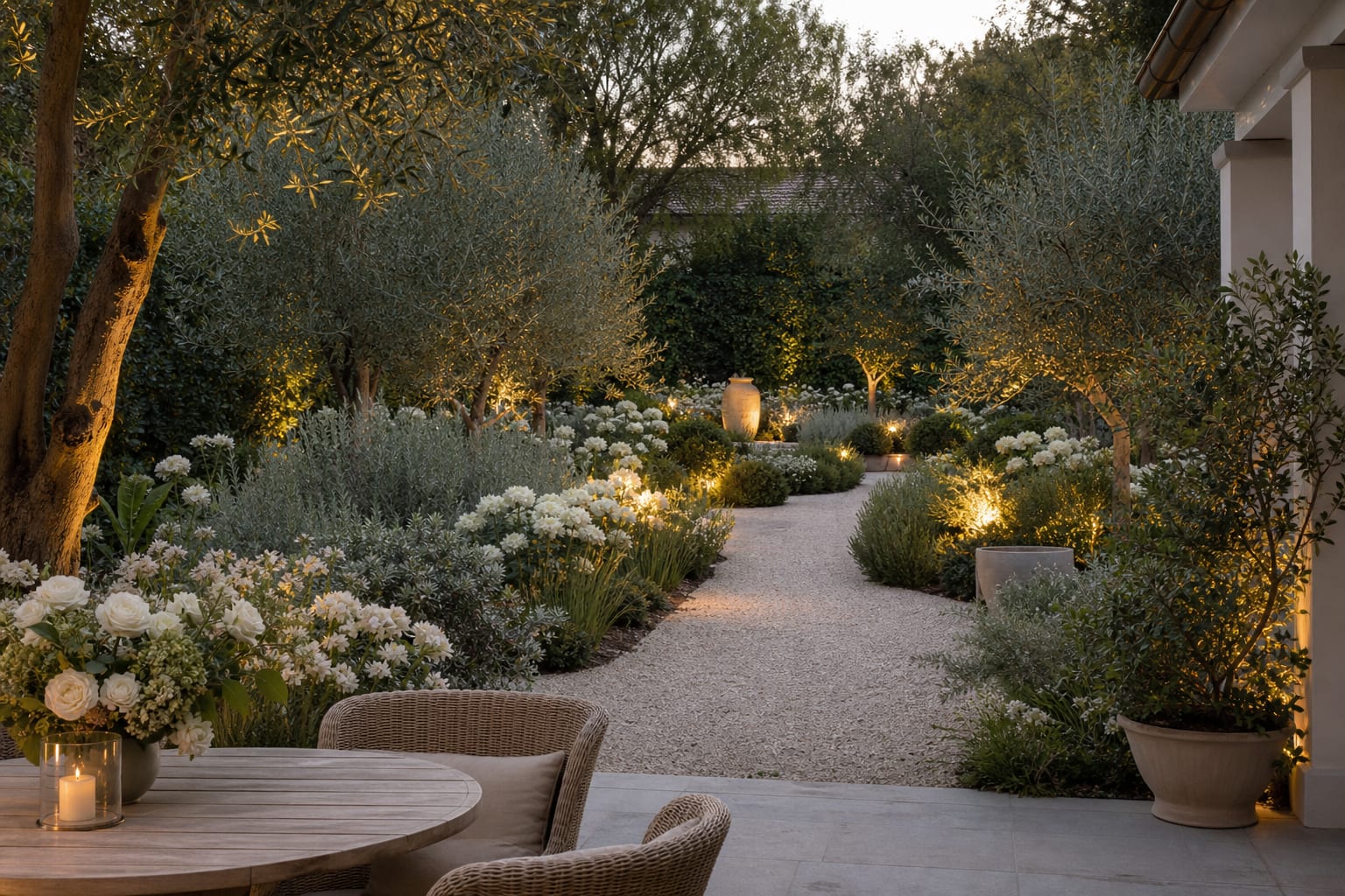white evening garden with pale flowers, silver foliage, gravel path, and warm low lights viewed from a patio