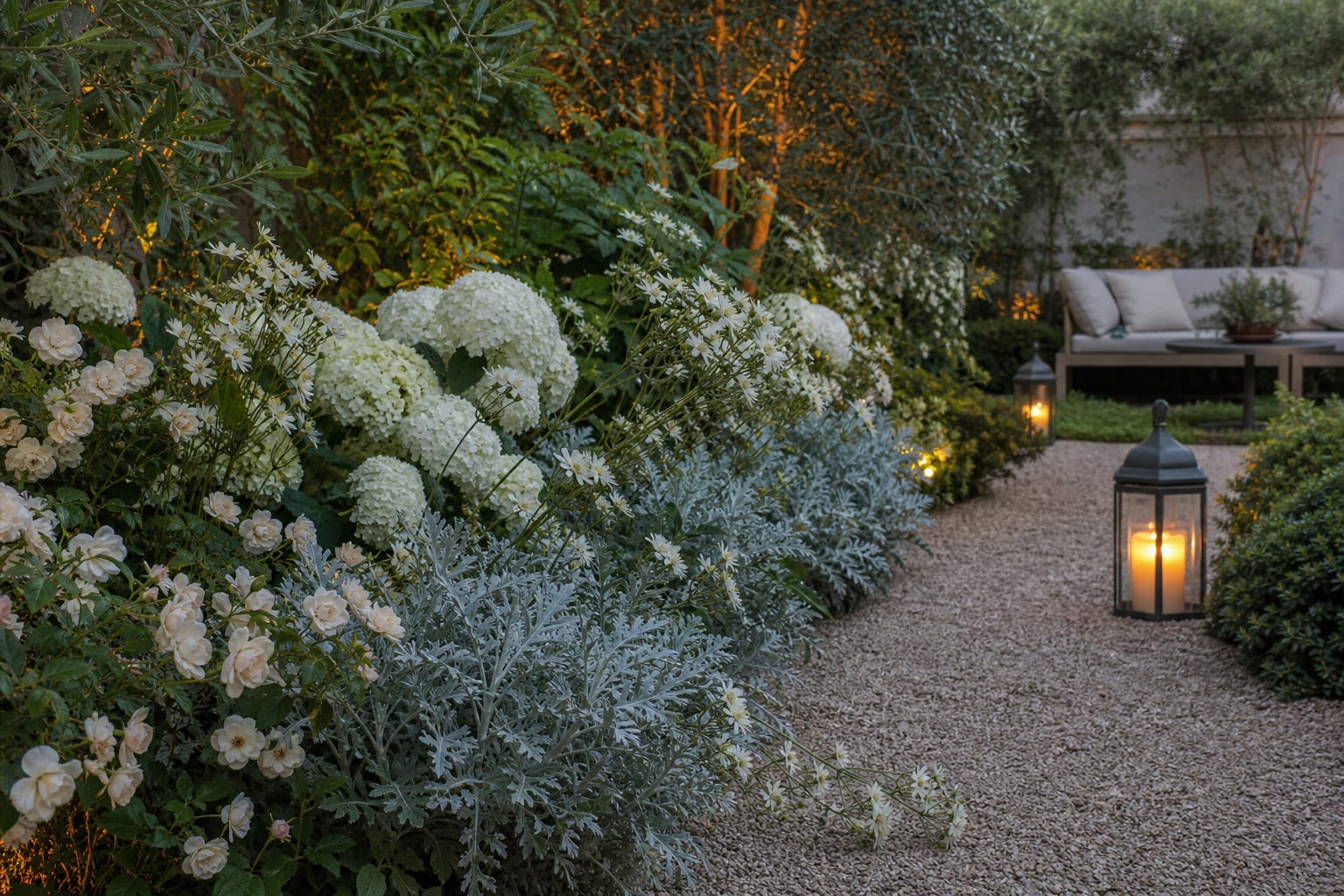 close view of silver foliage, white hydrangea, pale roses, and night scented flowers beside a gravel path