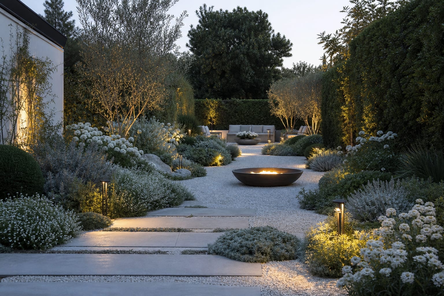 AI preview of a moon garden showing pale gravel, silver foliage, white flowers, dark hedging, and warm path lights