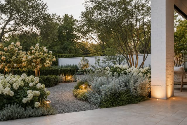 white evening garden with pale flowers, silver foliage, gravel path, and warm low lights viewed from a patio