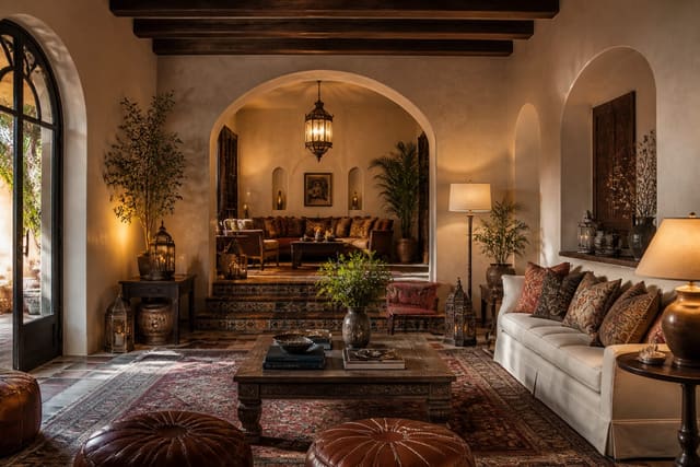Editorial interior photograph showing moroccan interior design ideas for bold, layered rooms in a real whole home, with mediterranean materials, layered warm lighting, styled furniture, and a magazine-quality residential composition.