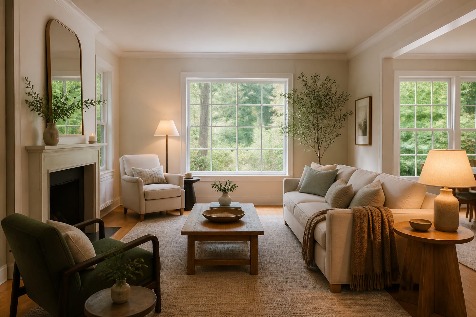 realistic AI living room preview with existing windows, warm lamps, scaled rug, and furniture that fits the original architecture