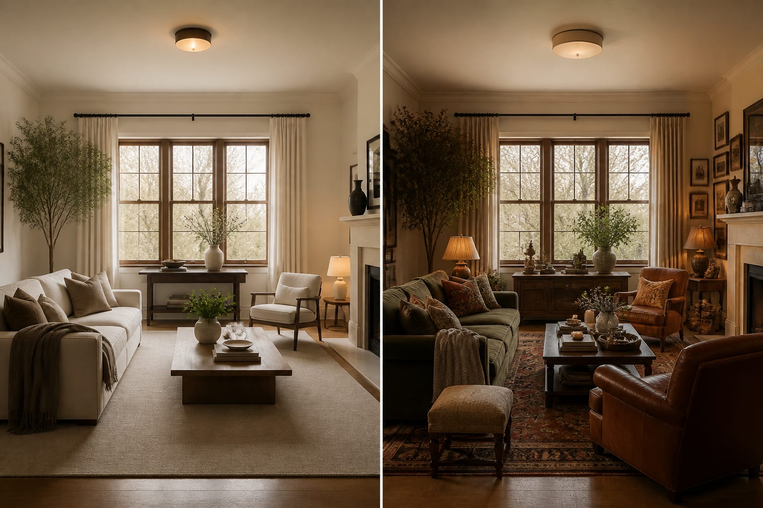 side by side AI room previews comparing realistic scale, original window placement, and warmer lighting against an overstyled fantasy version