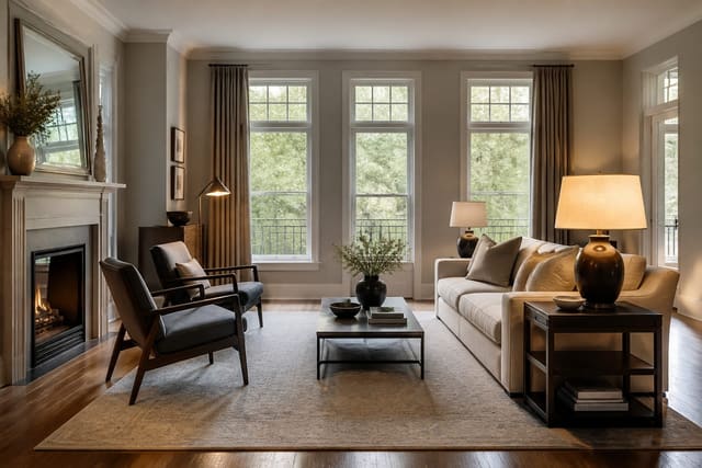 realistic AI living room preview with existing windows, warm lamps, scaled rug, and furniture that fits the original architecture