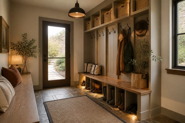 Editorial interior photograph showing mudroom ideas that catch the mess before it spreads in a real mudroom, with warm residential materials, layered lighting, functional furniture placement, and a magazine-quality composition.