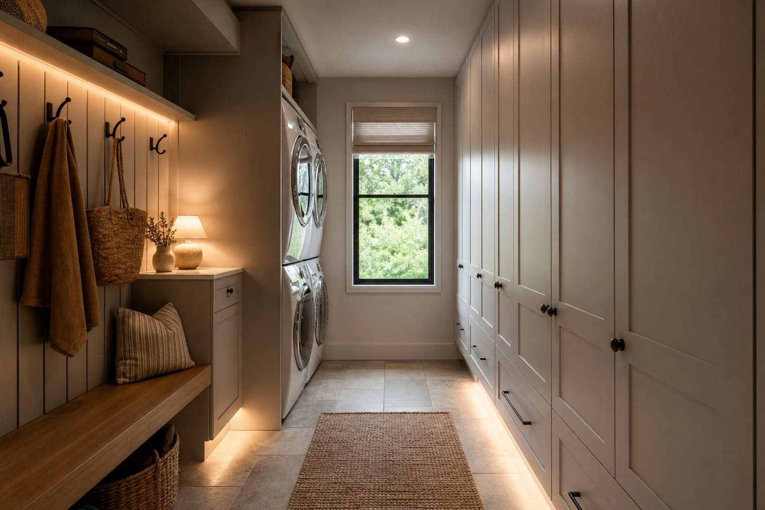 narrow mudroom laundry combo with stacked washer dryer, bench, hooks, tile floor, and closed storage along one wall