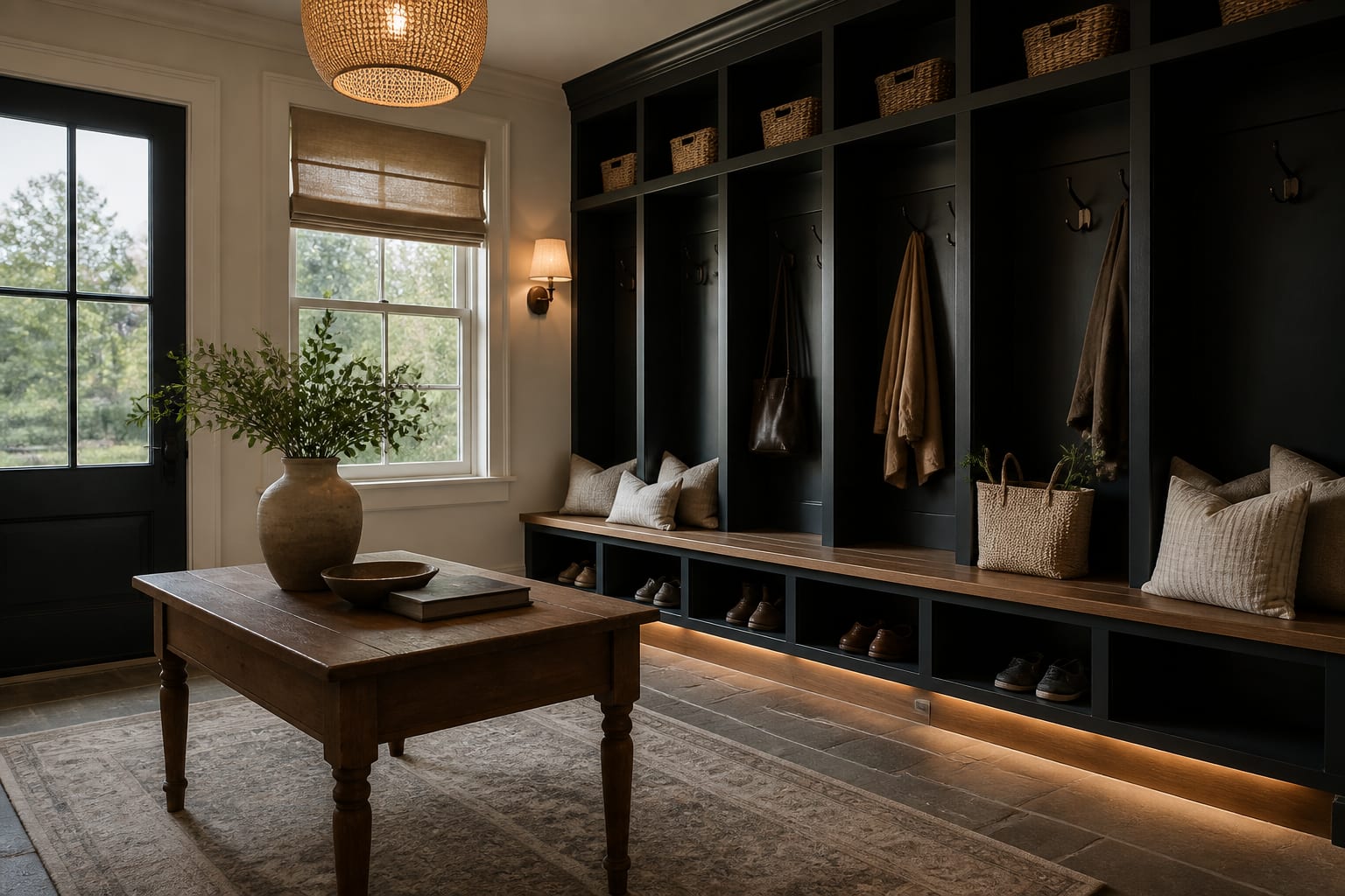 Editorial interior photograph showing mudroom locker ideas for an organized entry in a real mudroom, with warm residential materials, layered lighting, functional furniture placement, and a magazine-quality composition.