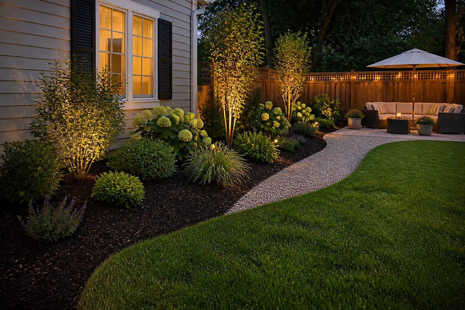 Same garden bed neatly covered in dark hardwood mulch with a crisp edge after redesign