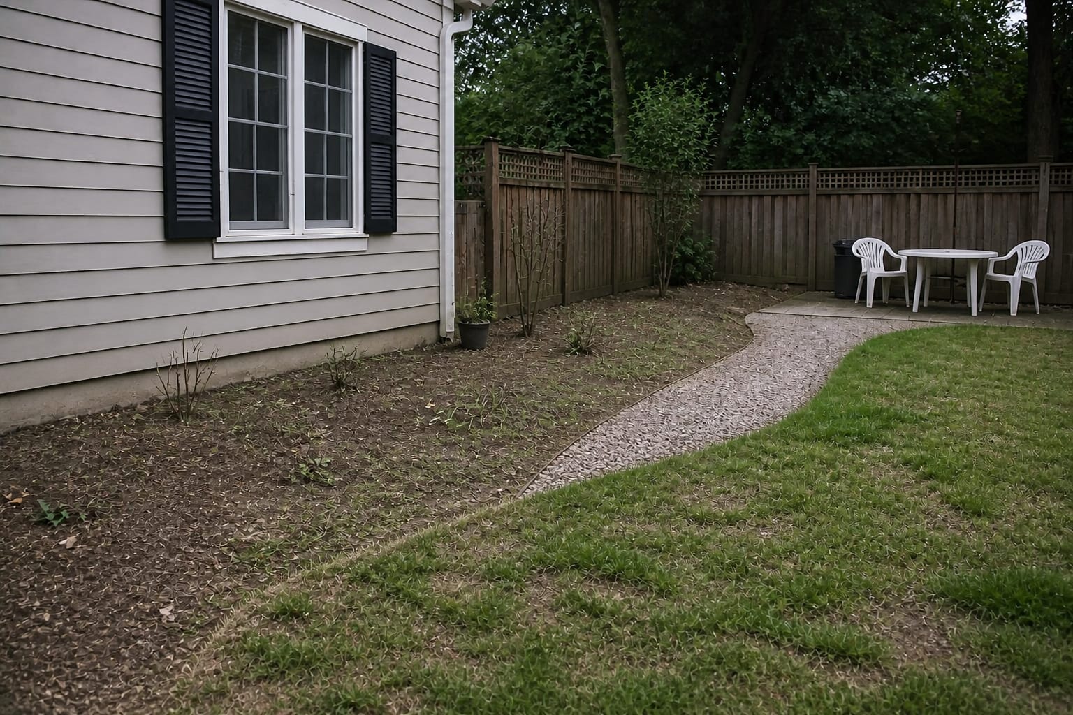 Bare patchy garden bed with exposed soil and scattered weeds before a mulch redesign