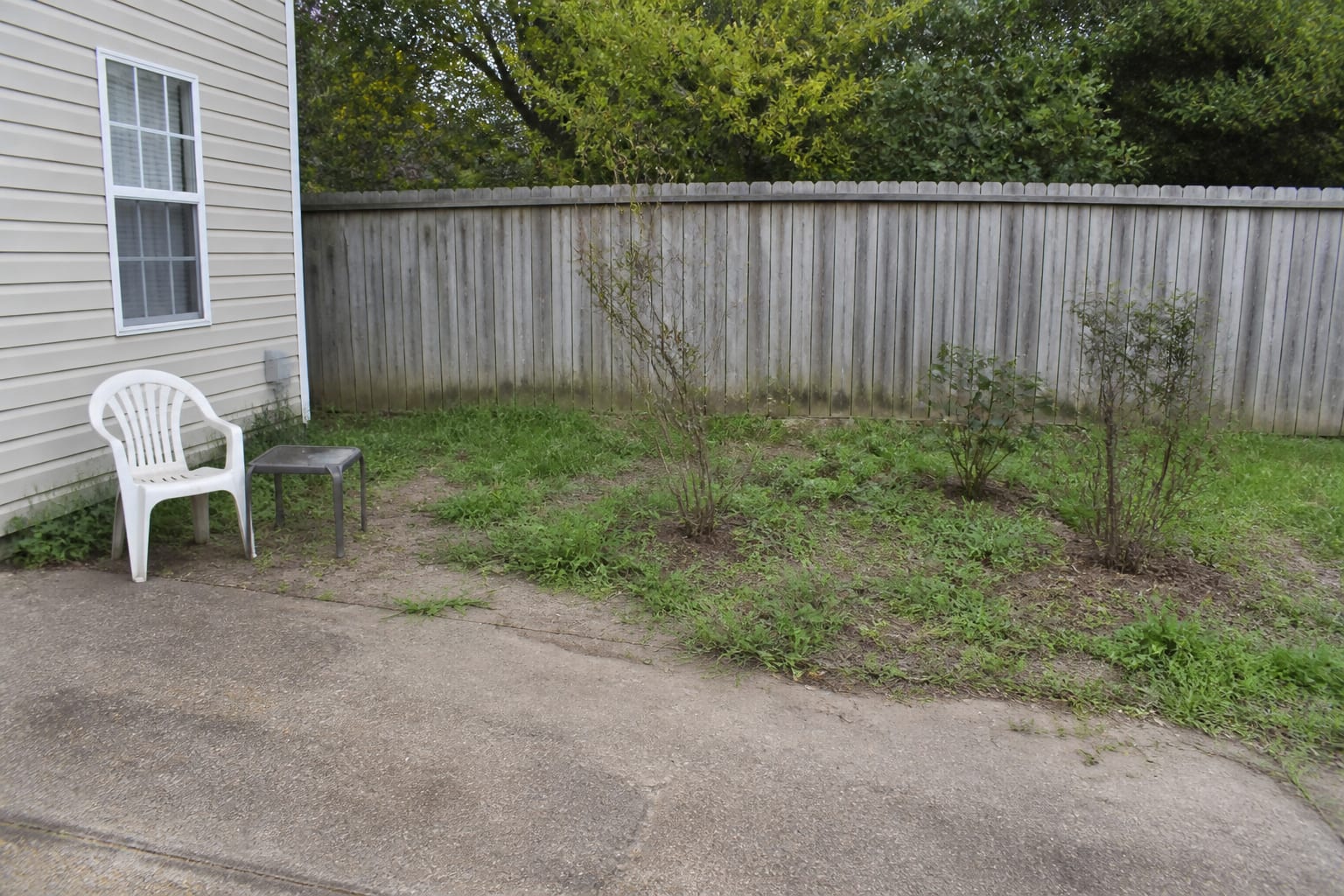 Bare patchy garden bed with exposed soil and scattered weeds before a mulch redesign