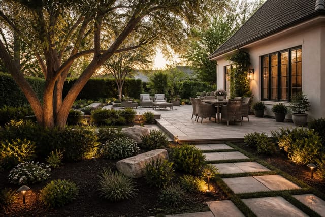Editorial outdoor residential space illustrating mulch ideas: functional ground cover that looks good too with warm natural light, realistic planting, hardscape, and furniture scale