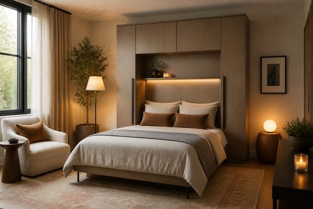 Murphy Bed Ideas in a small guest room with a Murphy bed, shown as a warm editorial Re-Design concept