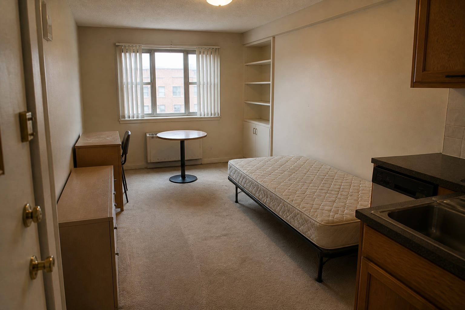 Studio apartment crowded by a bed, sofa, desk, open shelves, and blocked walking path.