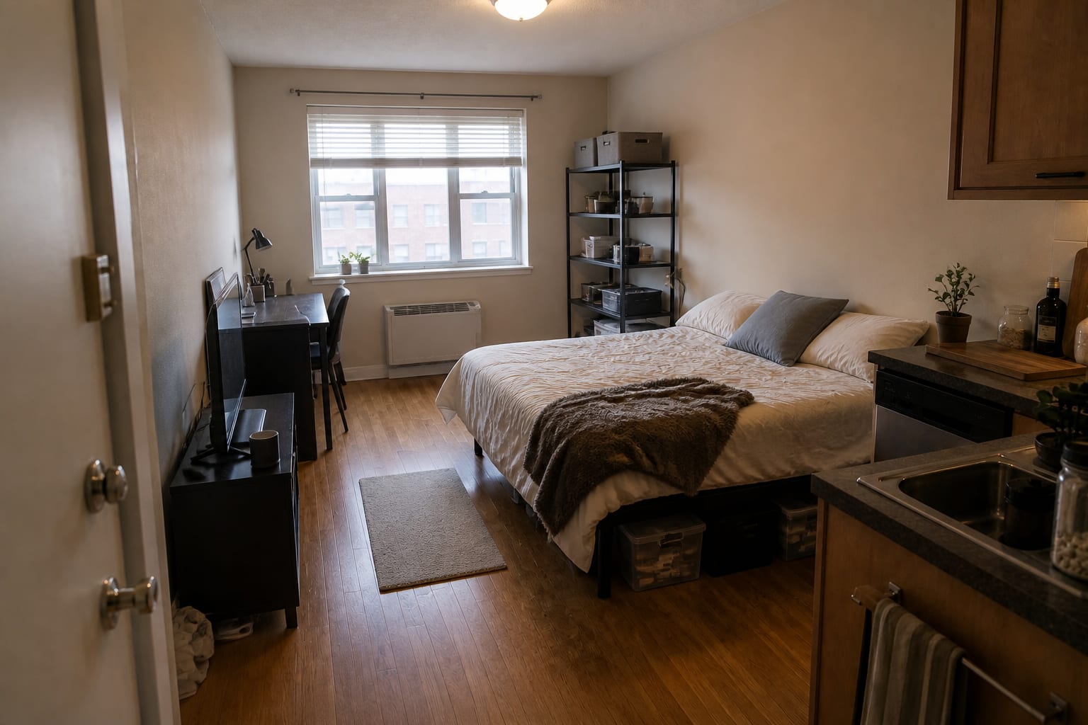 Studio apartment crowded by a bed, sofa, desk, open shelves, and blocked walking path.