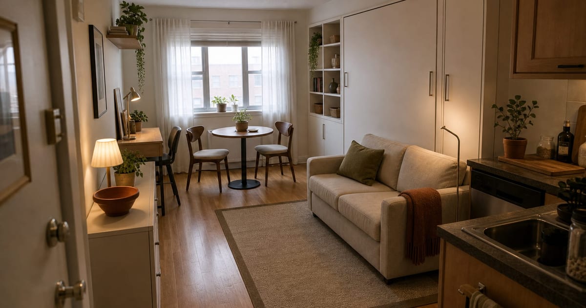 Studio apartment with a Murphy bed wall, compact sofa, round table, and closed storage.