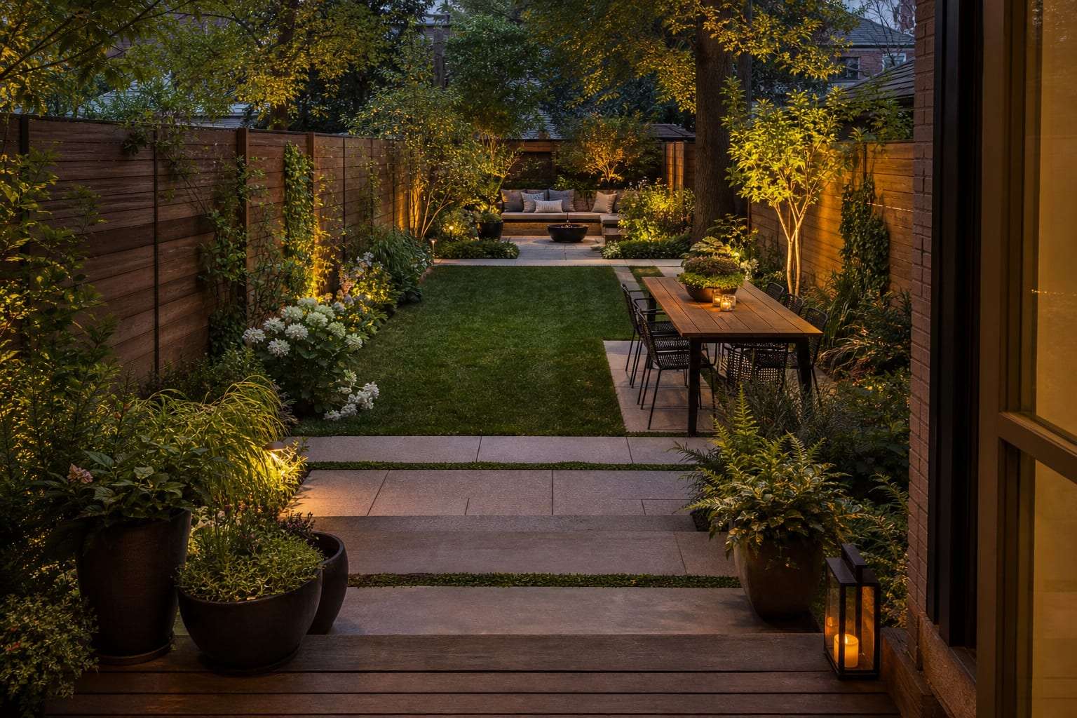 Same narrow backyard redesigned with crosswise pavers, compact lounge seating, layered planting beds, and warm lights along the fence.