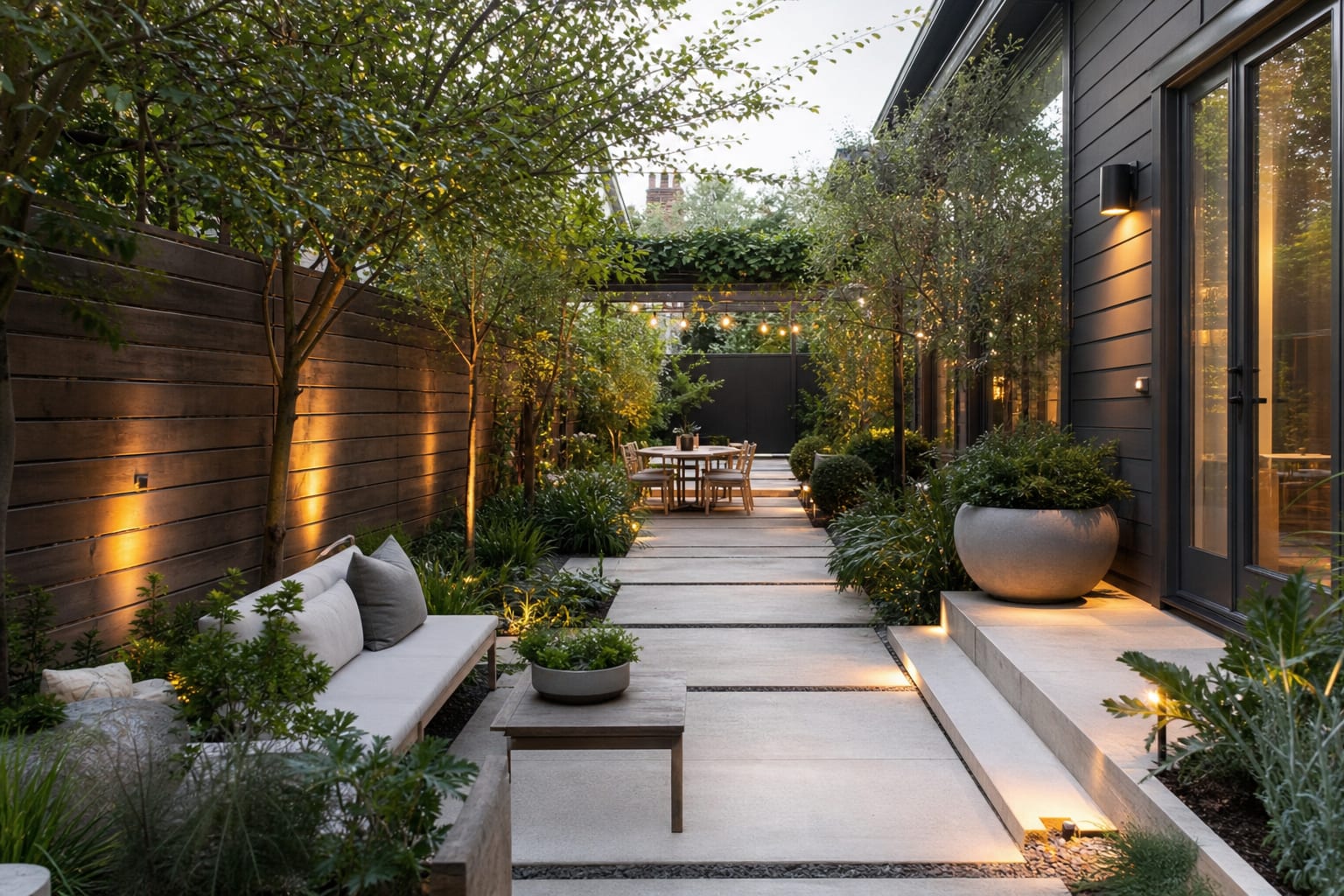 long narrow backyard arranged into outdoor rooms with crosswise pavers, slim seating, layered planting, and warm path lighting