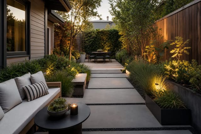 long narrow backyard arranged into outdoor rooms with crosswise pavers, slim seating, layered planting, and warm path lighting