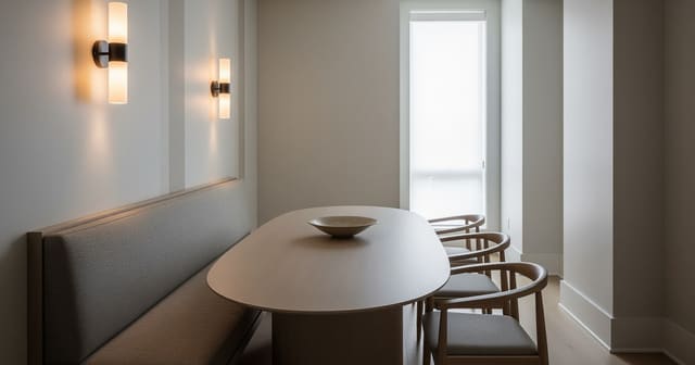 A narrow dining room with an oval table, wall-side bench seating, sconces, and a clear walking lane