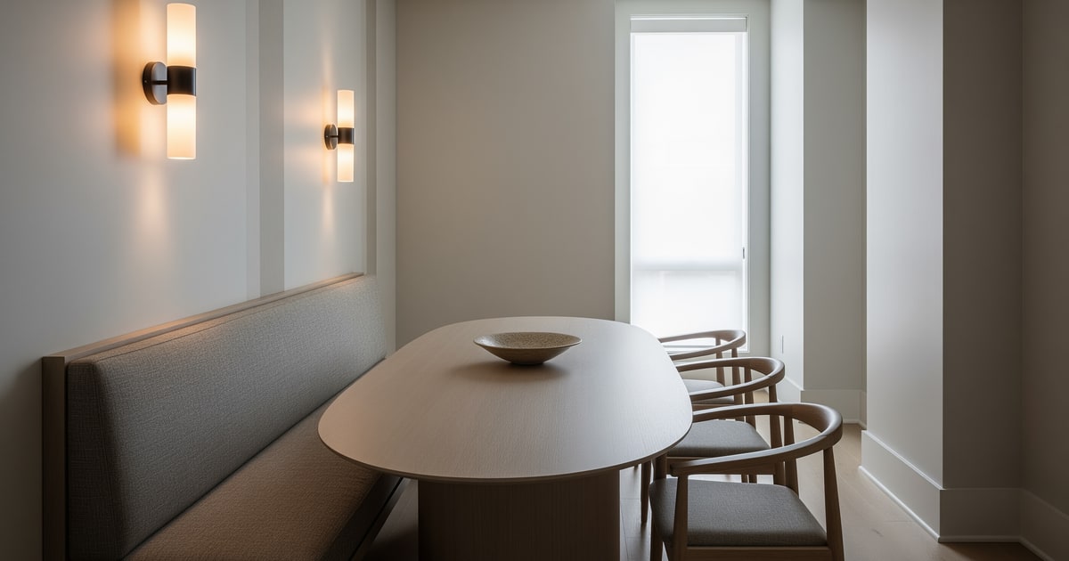 A narrow dining room with an oval table, wall-side bench seating, sconces, and a clear walking lane