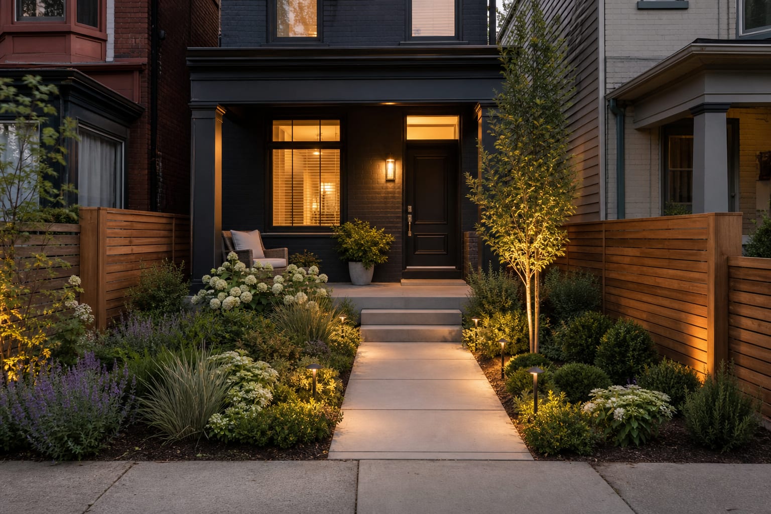same narrow townhouse front yard with a wider walkway, slim layered beds, low path lighting, and vertical planting by the door