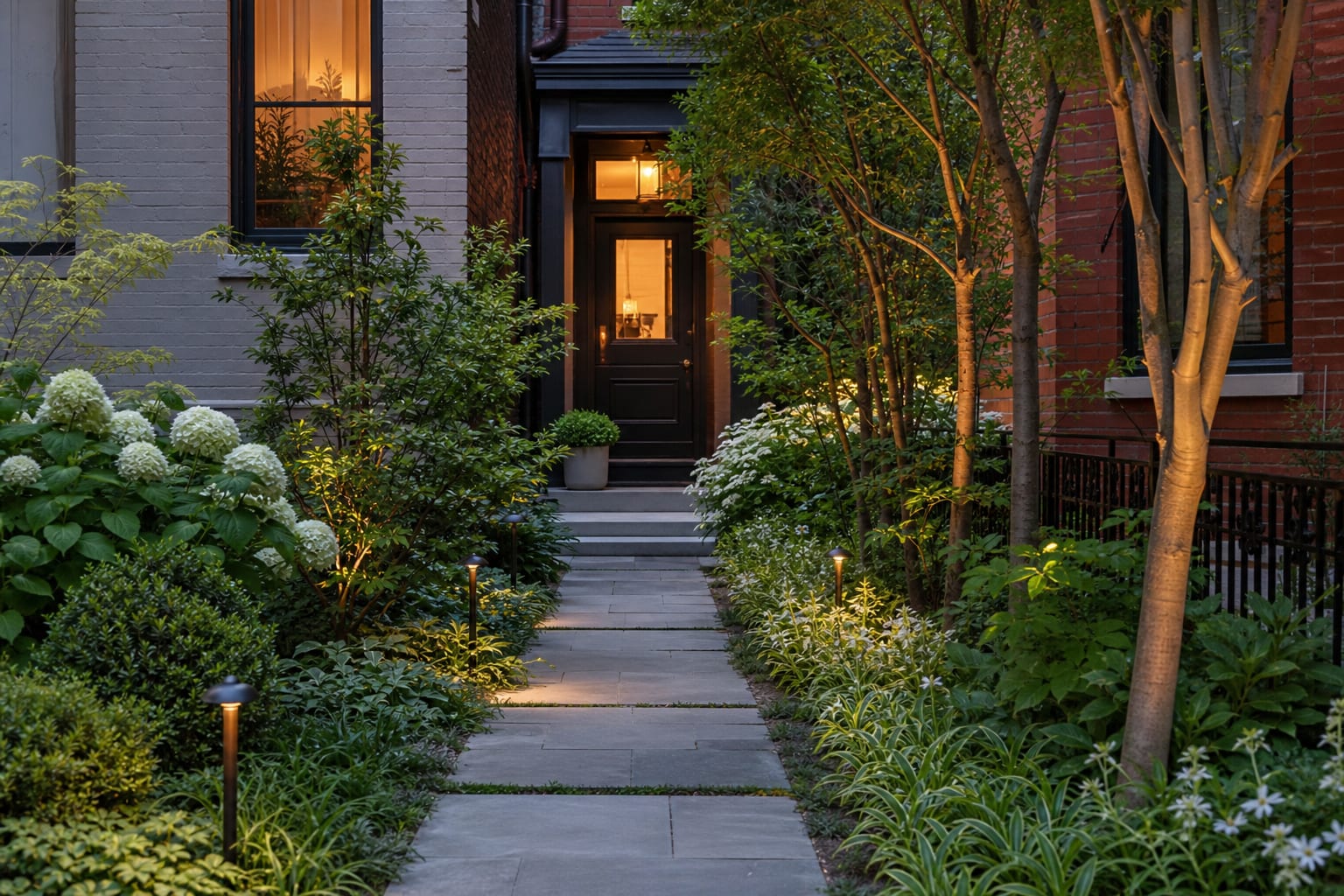 narrow urban front yard with slim layered planting, a straight stone walk, low path lights, and a compact townhouse entry