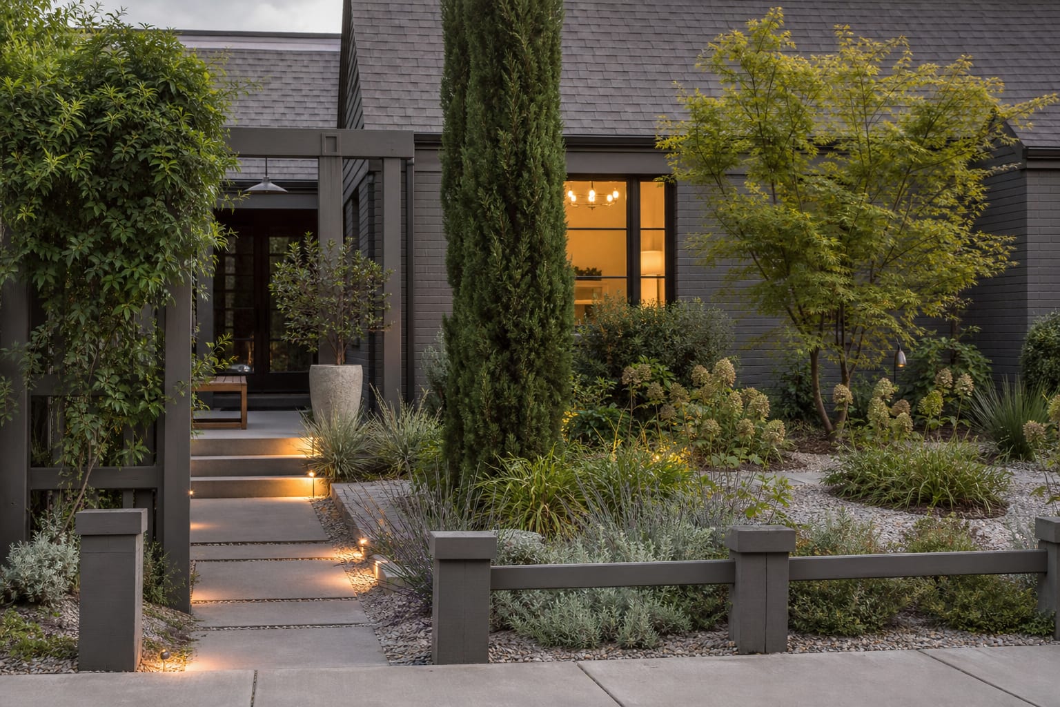 compact front yard with gravel garden, columnar tree, low fence, warm path lights, and layered drought-tolerant planting